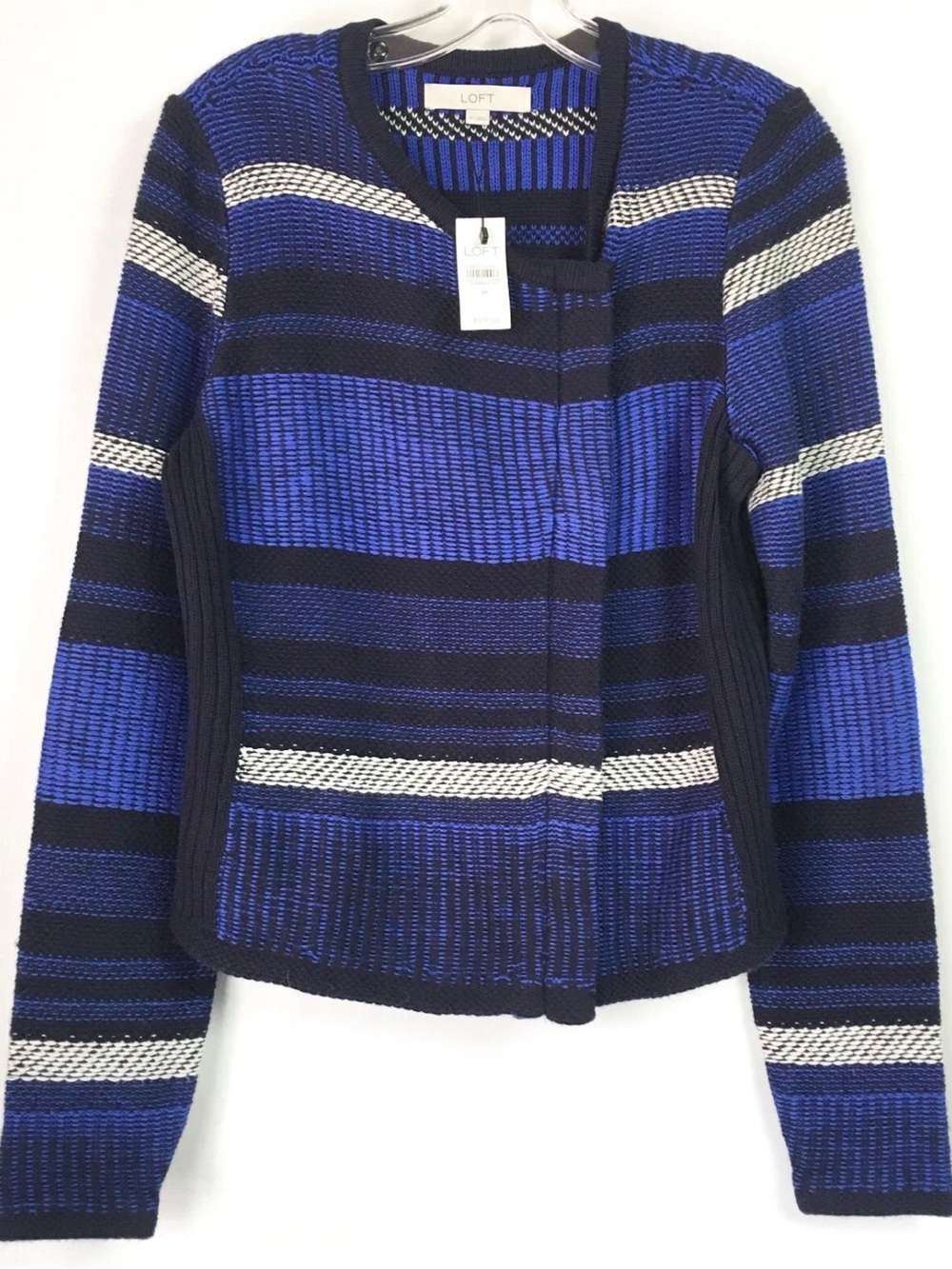 LOFT Women's Blue Black Knit Cardigan Off-Center Zipper Asymmetrical Neck Sz Med